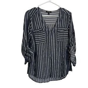 Express Women’s Blue-Gray/White Pin Stripe‎ Blouse Top Size Medium